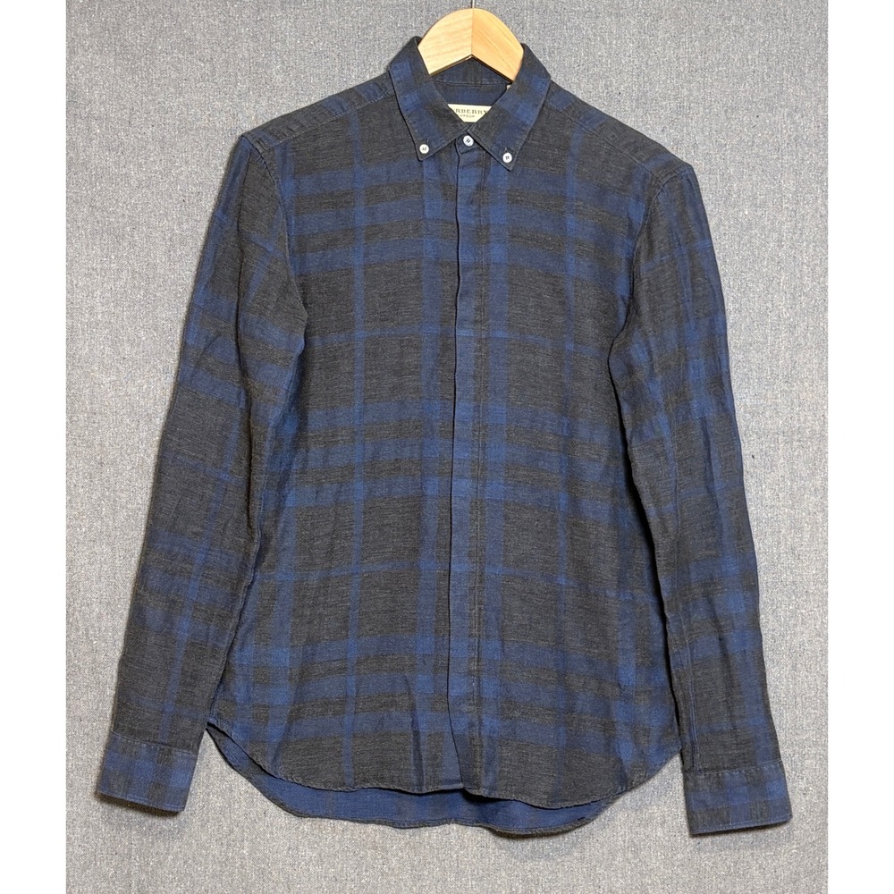Burberry London Mens Charcoal Blue Plaid Cotton Button Down Shirt Small S P